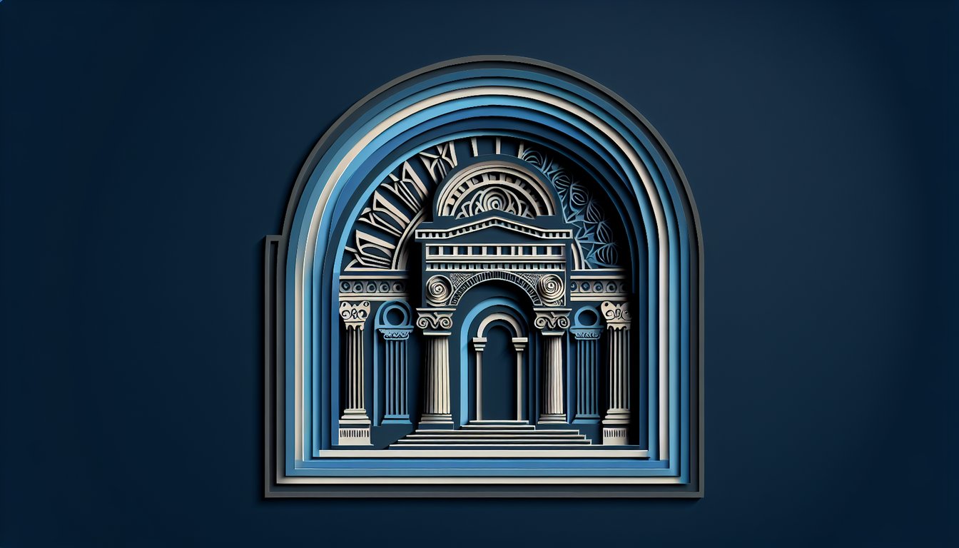 Paper art illustration for Roman Architecture quiz featuring arches and columns on dark blue background