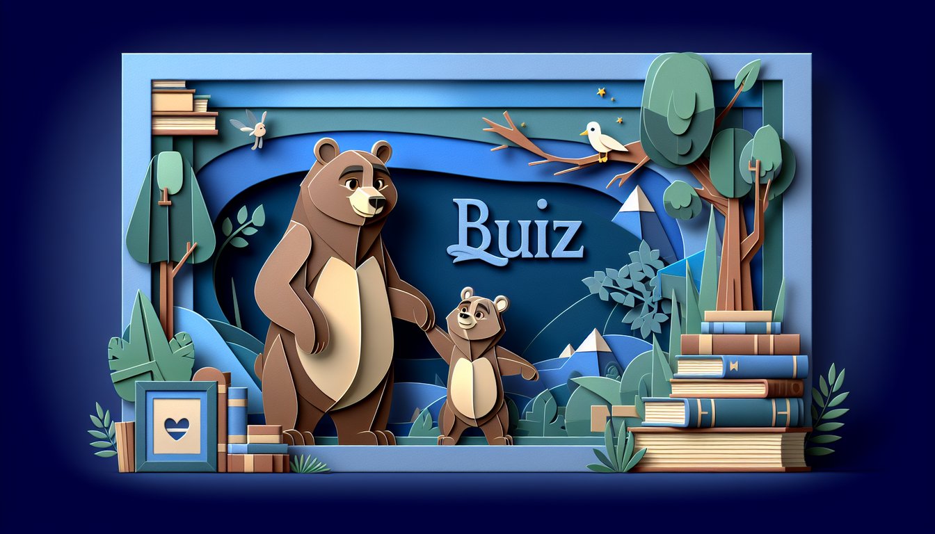 Paper art illustration for Brother Bear quiz on a dark blue background