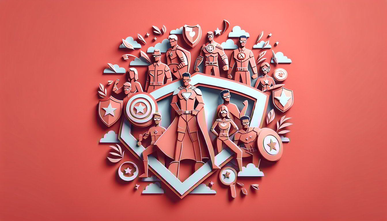 Paper art illustration for a SHIELD alter ego quiz with paper cut hero shapes and bold text on a coral background