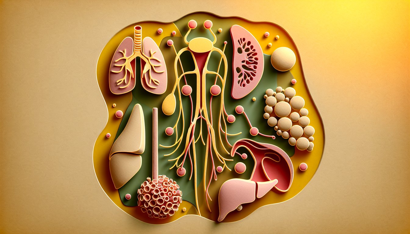 Paper art illustration for lymphatic system quiz on a golden yellow background