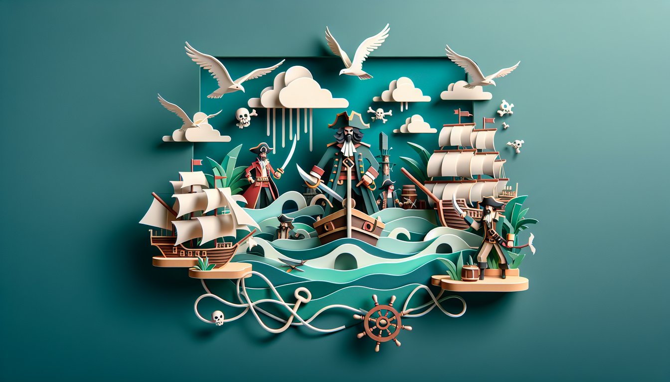 Paper art pirate ship compass quiz jack sparrow battles treasure hunts pirates of the caribbean trivia on teal background