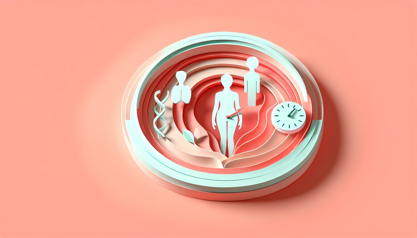 Paper art illustration for a menstrual cycle quiz on a coral background