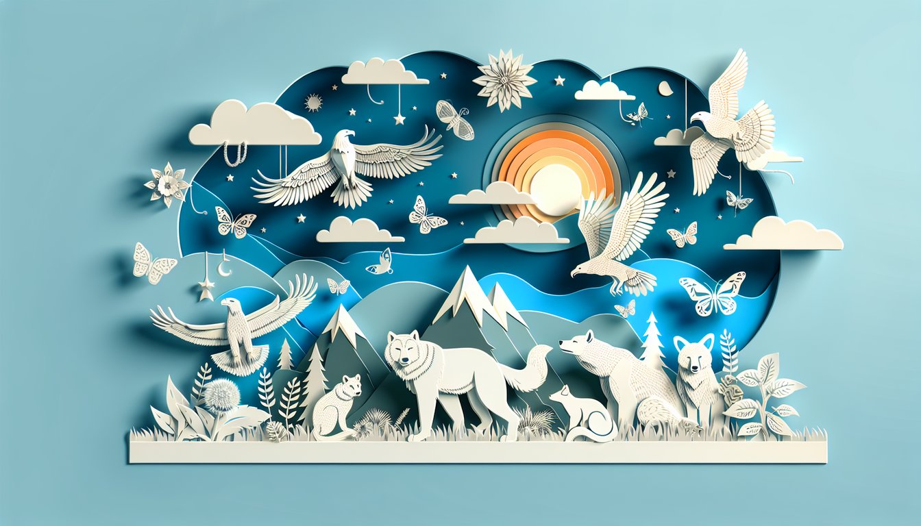 Paper art illustration for spirit animal quiz on sky blue background
