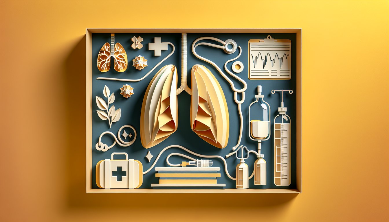 Paper art illustration showing airway anatomy with lungs trachea bronchi and medical icons on golden yellow background.