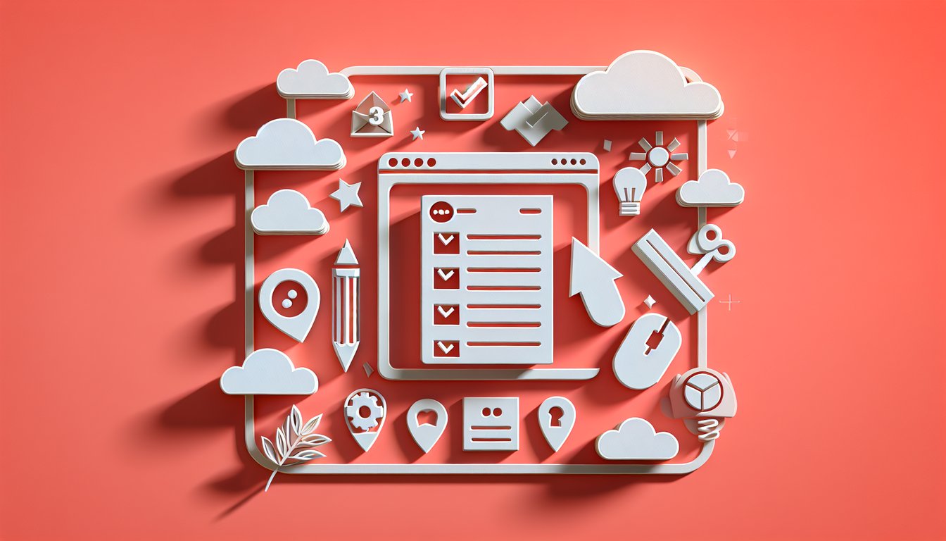 Paper art illustration of playful quiz elements question marks checkboxes pencils on coral background