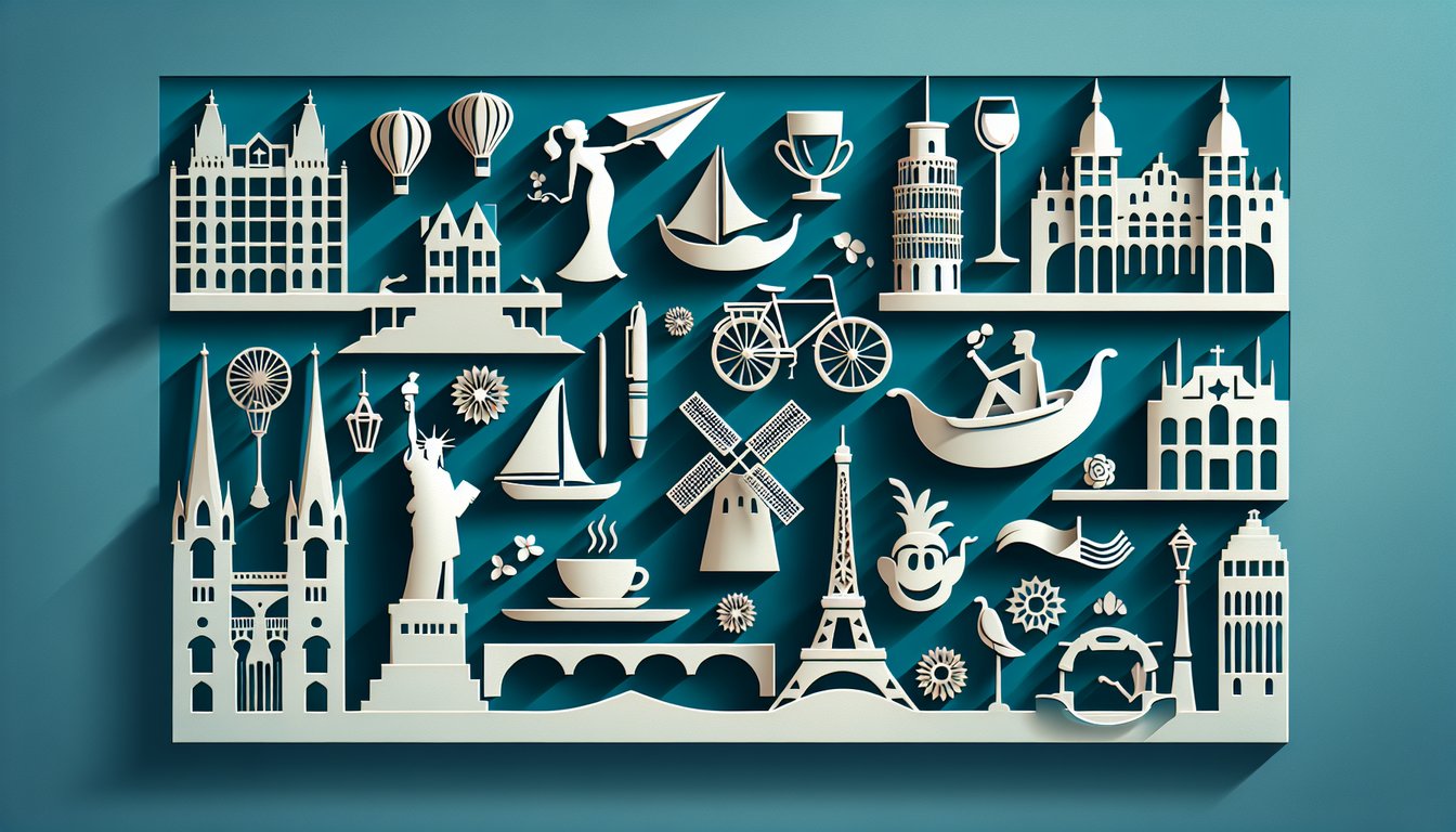 Paper art illustration for a European lifestyle quiz on a teal background