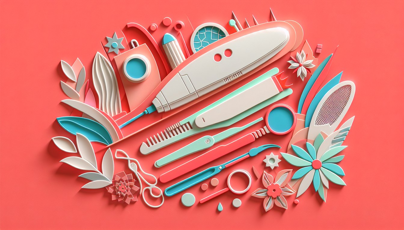 Paper art illustration showing laser hair removal tools and ancient methods for cosmetology quiz on coral background