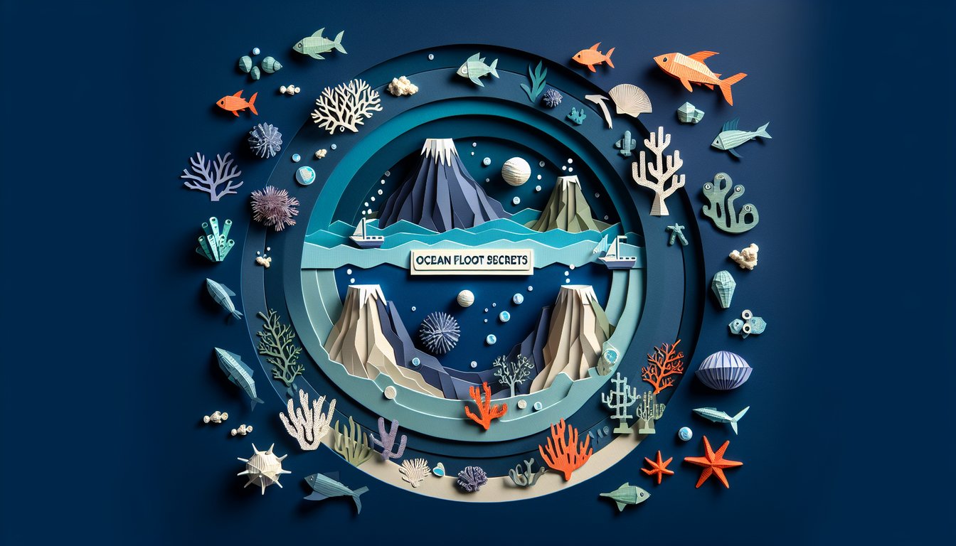 Colorful paper art promoting Ocean Floor Secrets, a marine science quiz for middle school students.