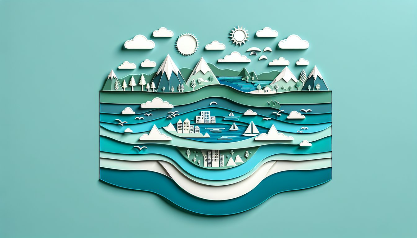 Paper cut illustration showing mountains rivers cityscapes and world continents on a teal background for geography quiz.