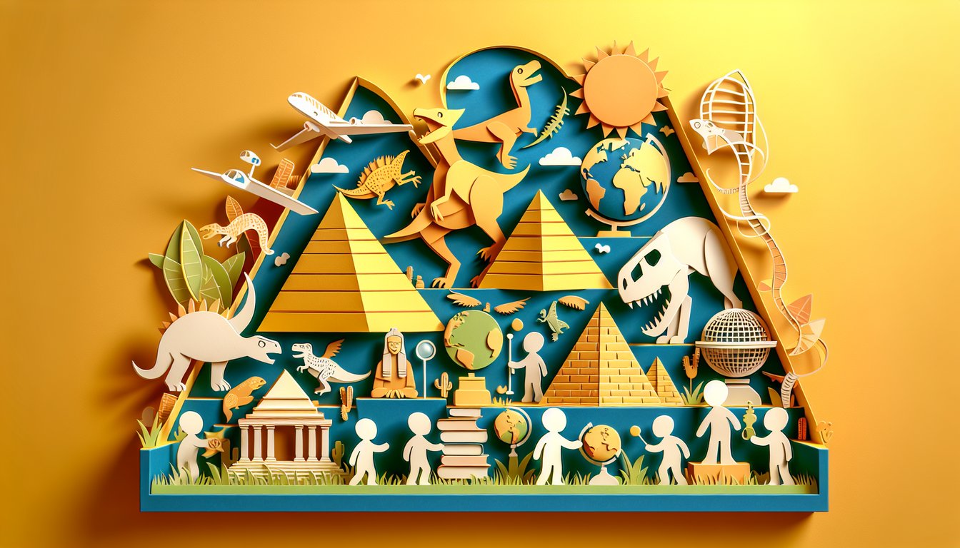 Paper art illustration for 3rd grade trivia quiz on golden yellow background