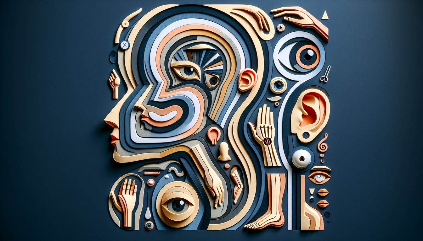 Paper art illustration showing labeled French body parts on dark blue background for a vocabulary quiz