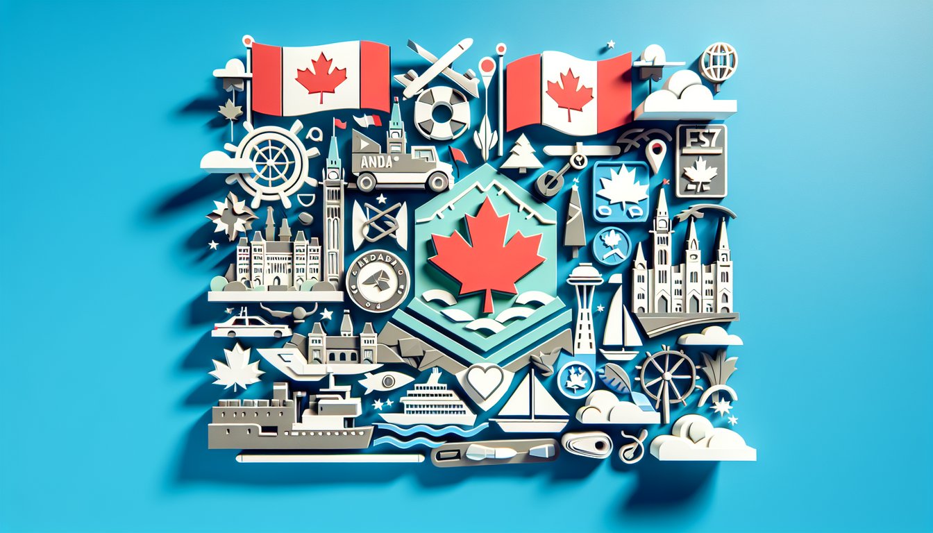 Paper art map of Canada provinces and territories on sky blue background with quiz title banner