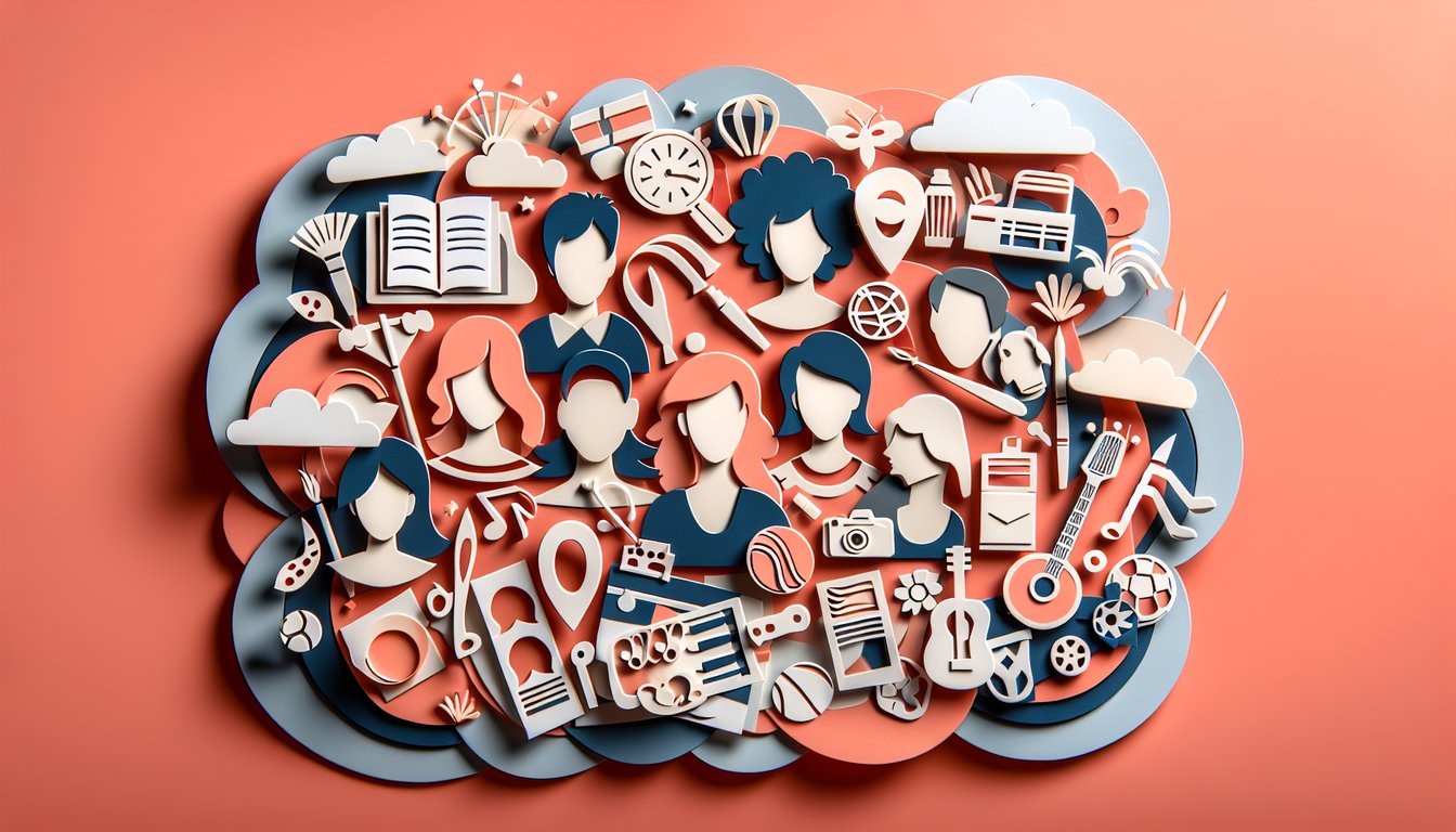 Cut paper collage of female profiles with varied hair styles and colors, on coral background