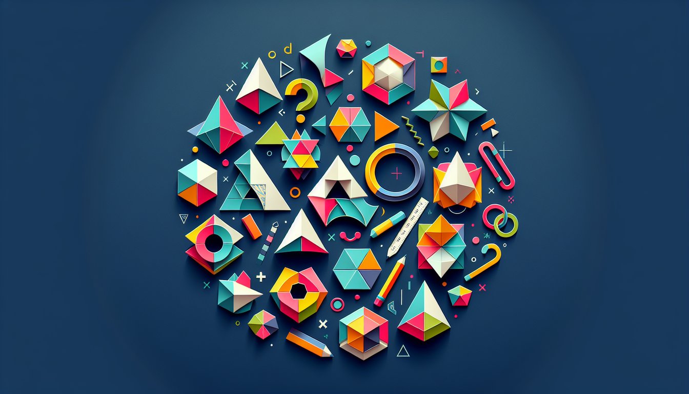 Colorful paper art promoting the Polygon Power Challenge, a middle school geometry quiz.