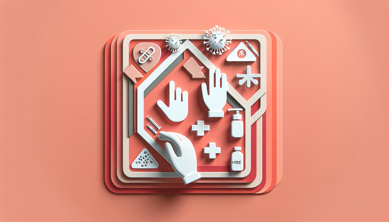 Paper art illustration with gloves mask sanitizer germ icons on coral background for asepsis infection control quiz