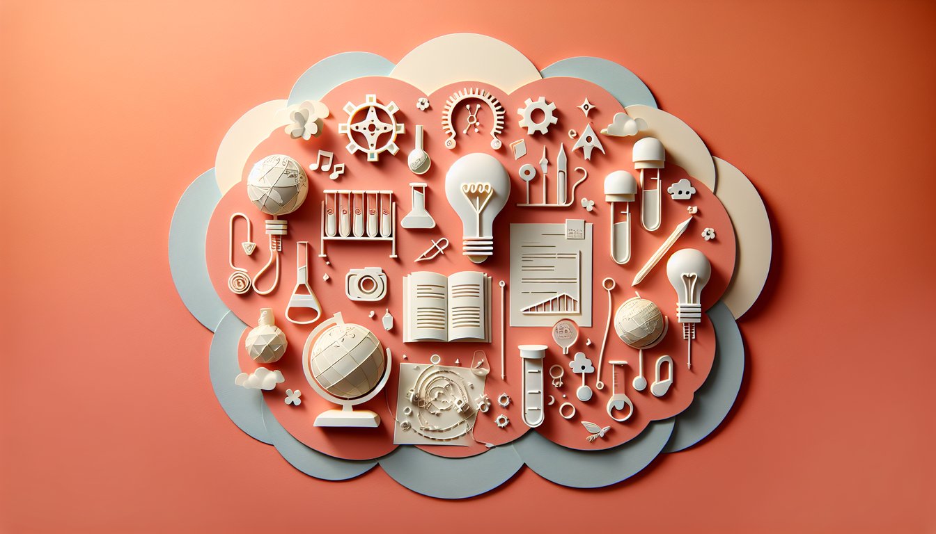 Paper art collage of open book, microscope, paintbrush, gears and pencil on coral background.