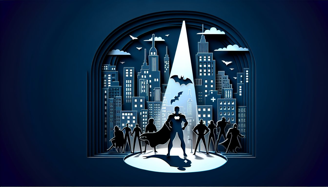 Paper art style quiz illustration depicting Batman mask comic pages on dark blue background