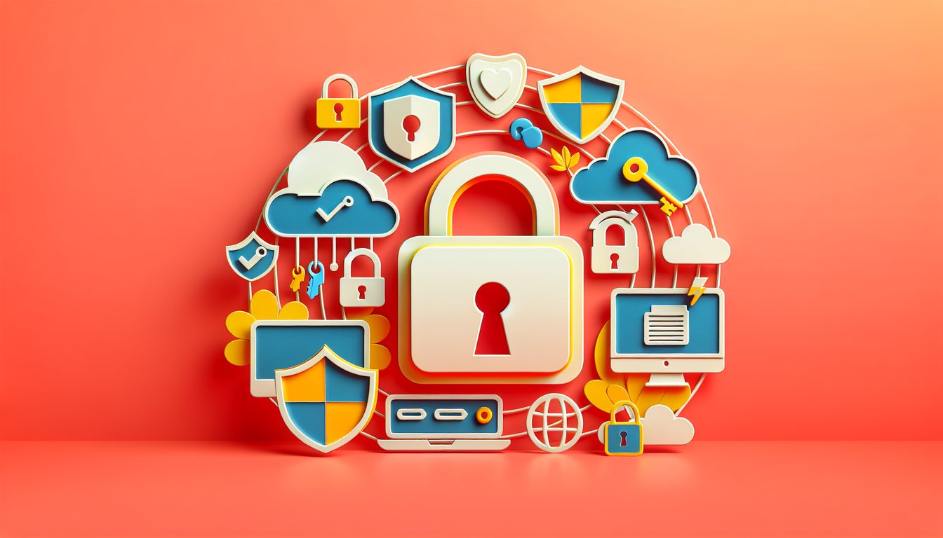 Paper art style illustration of a laptop with lock icon security badges and question marks on coral background.