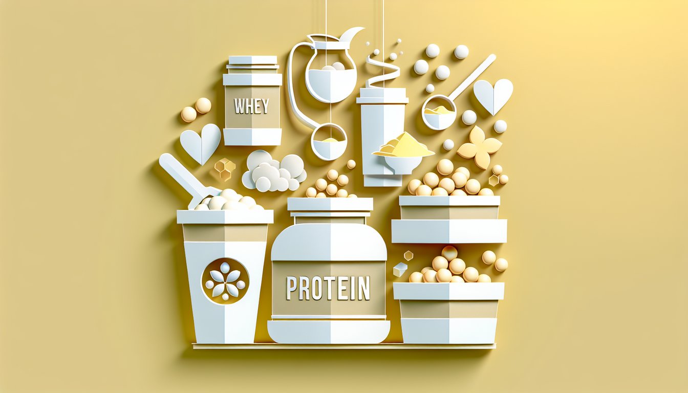 Paper art illustration of whey pea soy protein powder containers, quiz text on golden yellow background