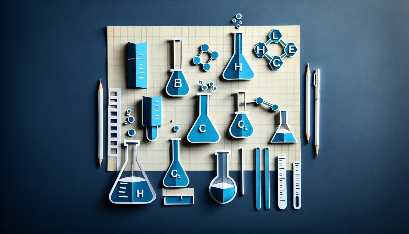 Paper art depicting a trivia quiz on balancing chemical equations for high school chemistry students.