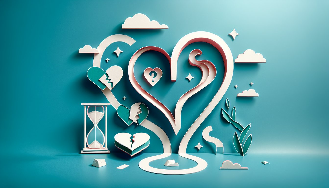 Paper art illustration of two paper hearts torn apart on a teal background for a relationship break up quiz