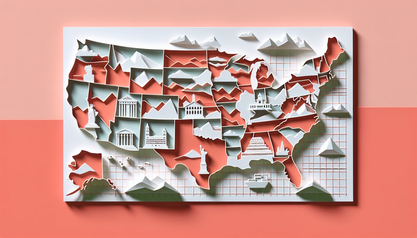 Paper cut style US map with landmark icons and capital markers on coral background for geography trivia quiz