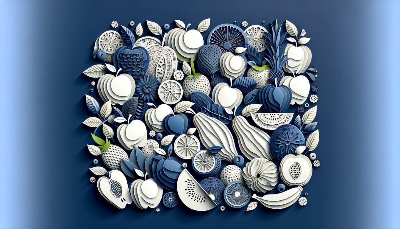 Colorful paper art fruits for a trivia quiz on a dark blue background