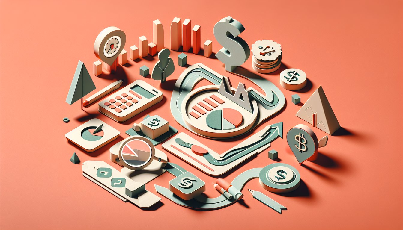 Paper art illustration of accounting quiz icons on coral background suggesting personality traits and career paths