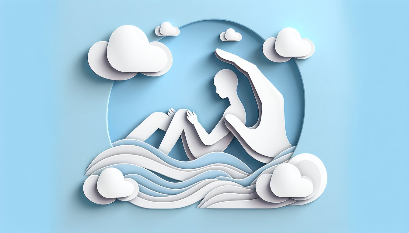 Paper art illustration for a comforting messages quiz with uplifting word cards and paper hearts on a sky blue background