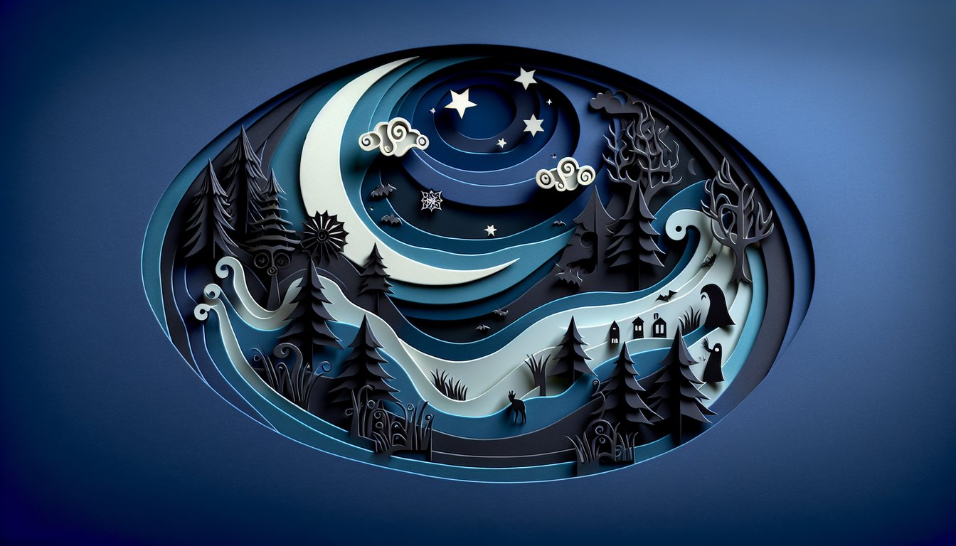 Paper art illustration for Creepypasta personality quiz on dark blue background