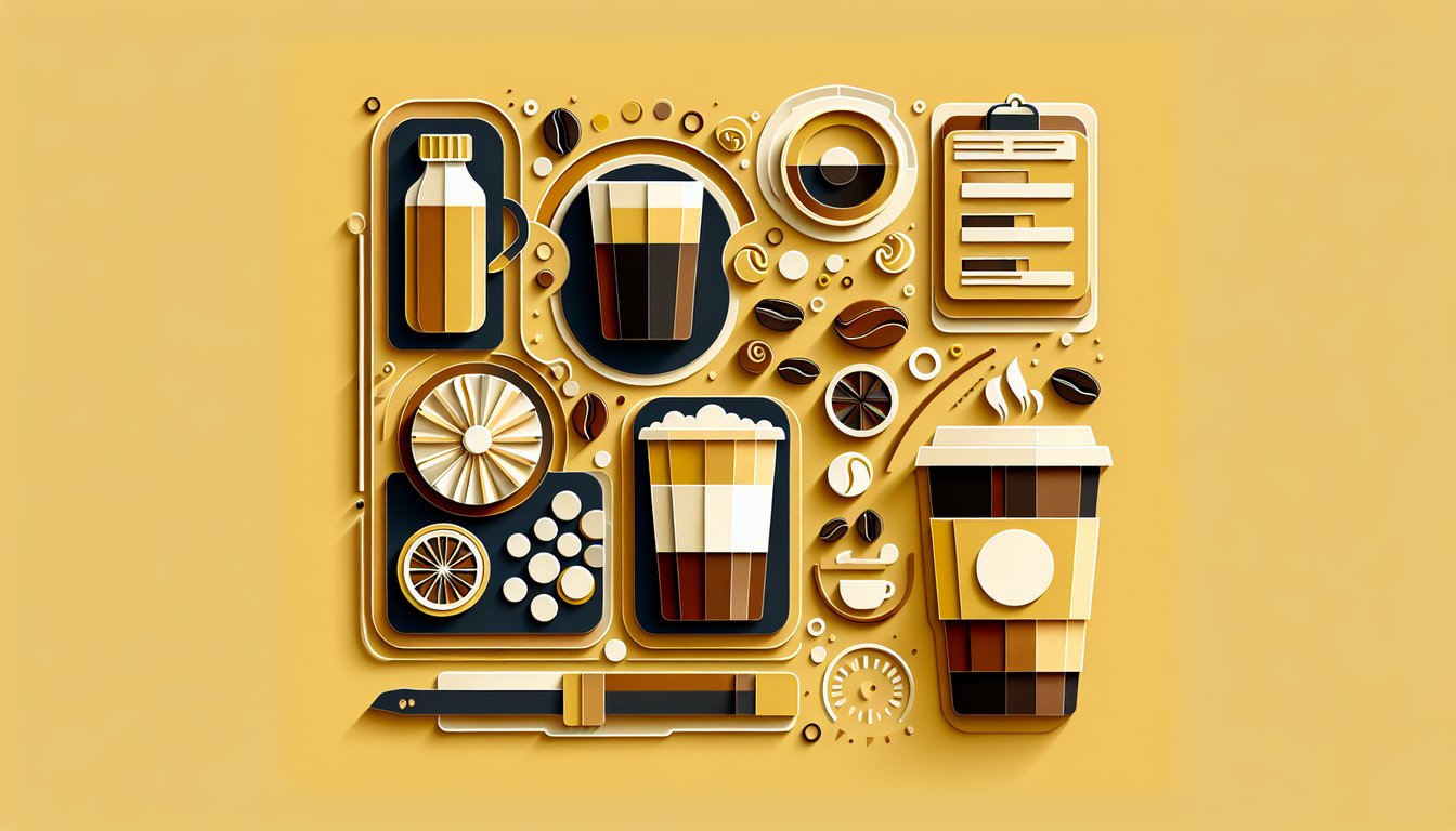 Paper art illustration of coffee cups beans on golden yellow background for coffee personality quiz espresso latte cold brew
