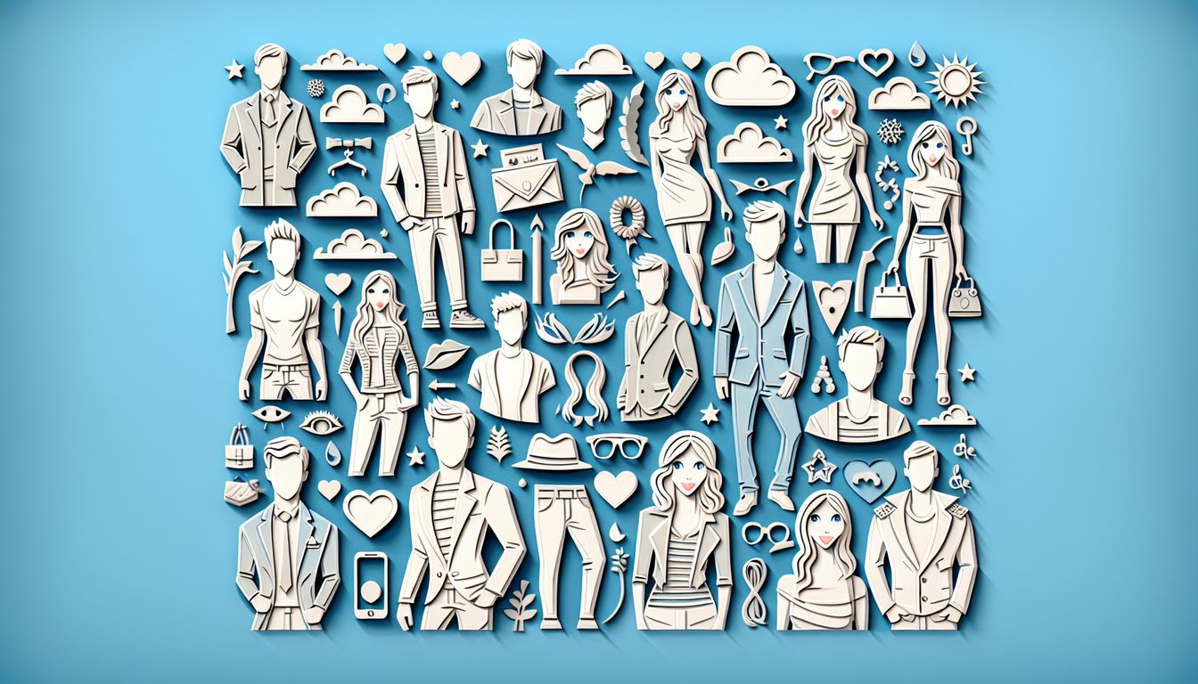 Paper art illustration for a personality quiz predicting future husbands appearance based on traits and style on sky blue background.