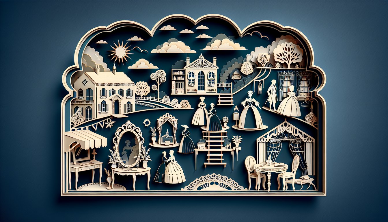 Paper art layered book pages and woman silhouette with quill and candle on dark blue background for Madame Bovary quiz
