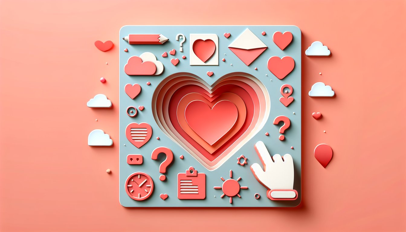 Paper art heart puzzle collage with question marks on coral background for a love quiz