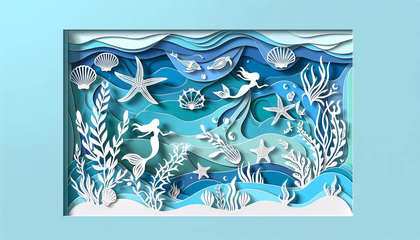 paper art mermaid silhouette with seashell crown and musical notes quiz banner on sky blue background.