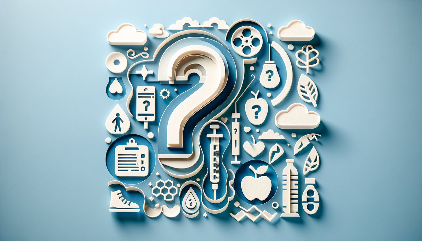 paper art illustration with diabetes quiz elements like blood drop, glucose meter, pencil on sky blue background