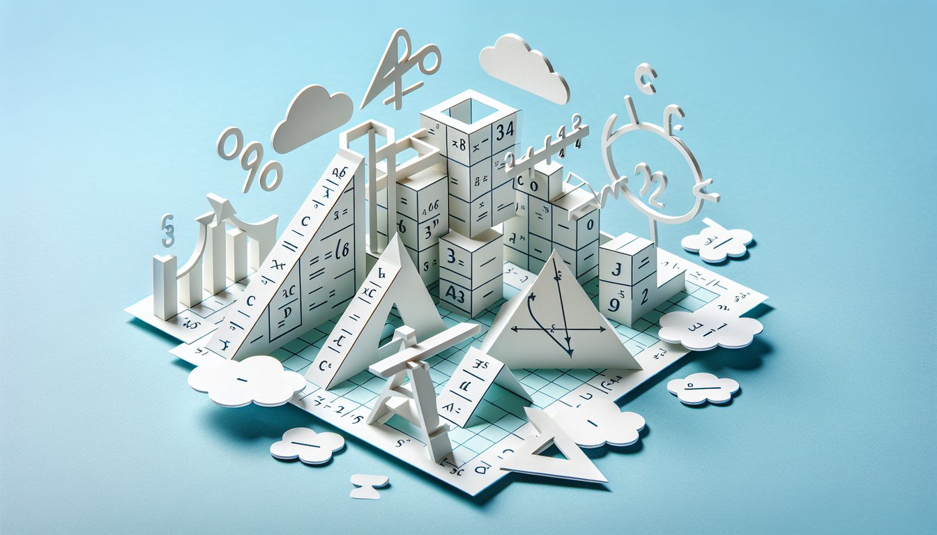 Paper art illustration showing algebra equations and right triangle figures on sky blue background for Unit 10 quiz