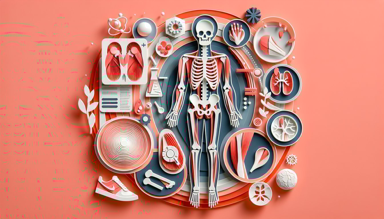 paper art bone muscle and joint icons on coral background promoting a musculoskeletal system medical terms quiz