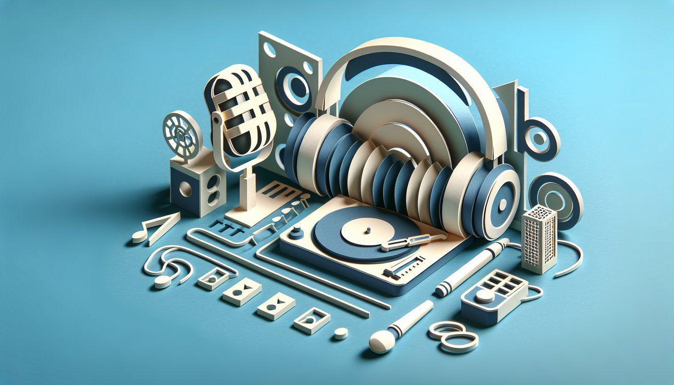 Paper art collage celebrating Slim Shady with mic headphones vinyl notes on sky blue background for Eminem trivia quiz