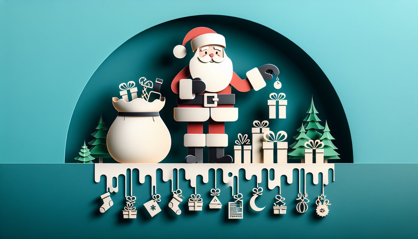 Paper art illustration for Naughty or Nice List Quiz on a teal background