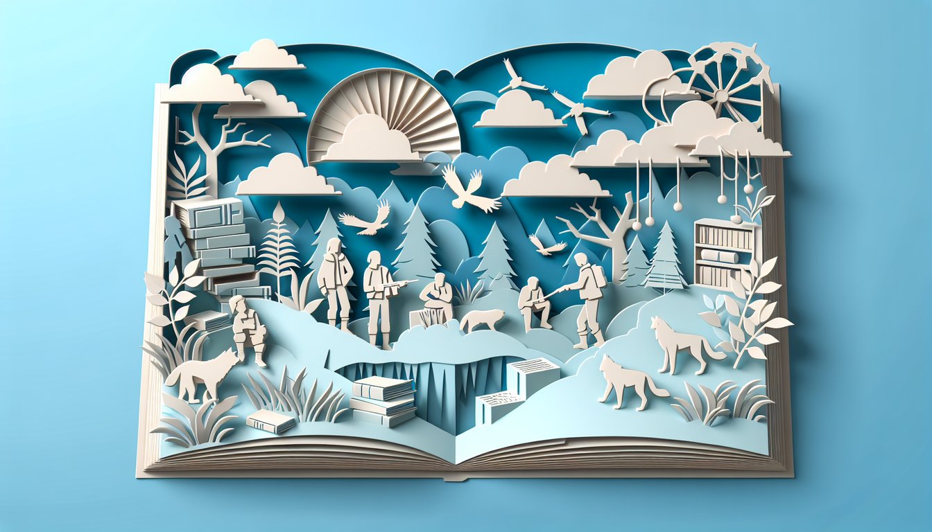 Paper art cover quiz banner for The Cay with layered paper waves small boat palm tree on sky blue background
