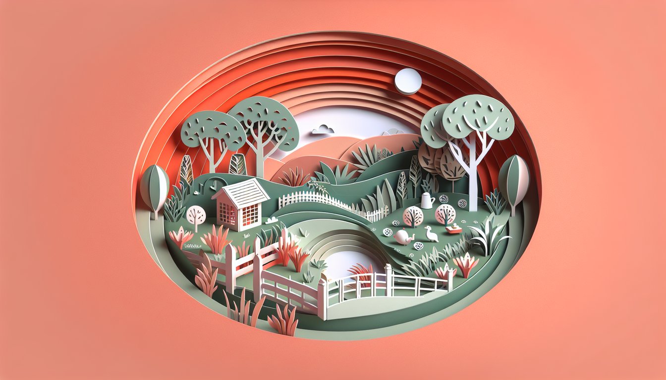 Paper art illustration for Over the Garden Wall character quiz on a coral background