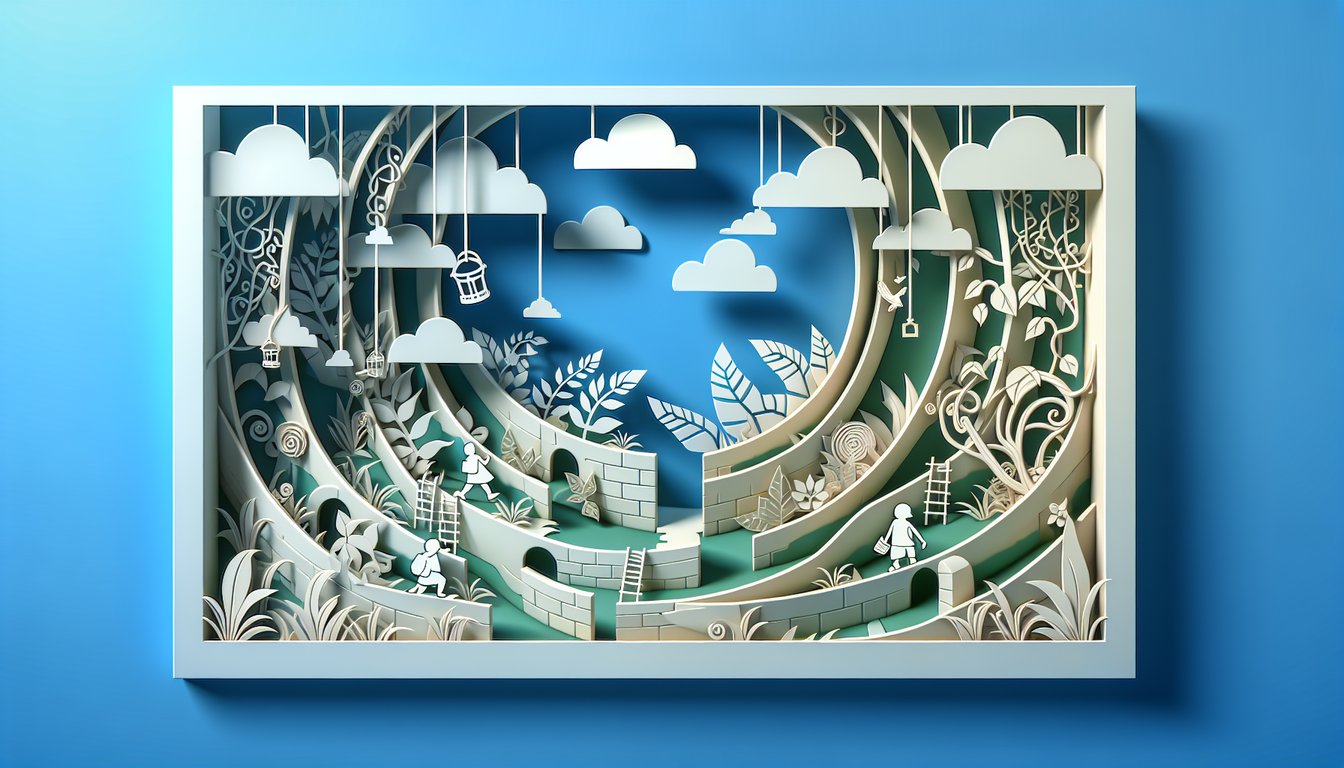 Paper art illustration for Over the Garden Wall trivia quiz on sky blue background