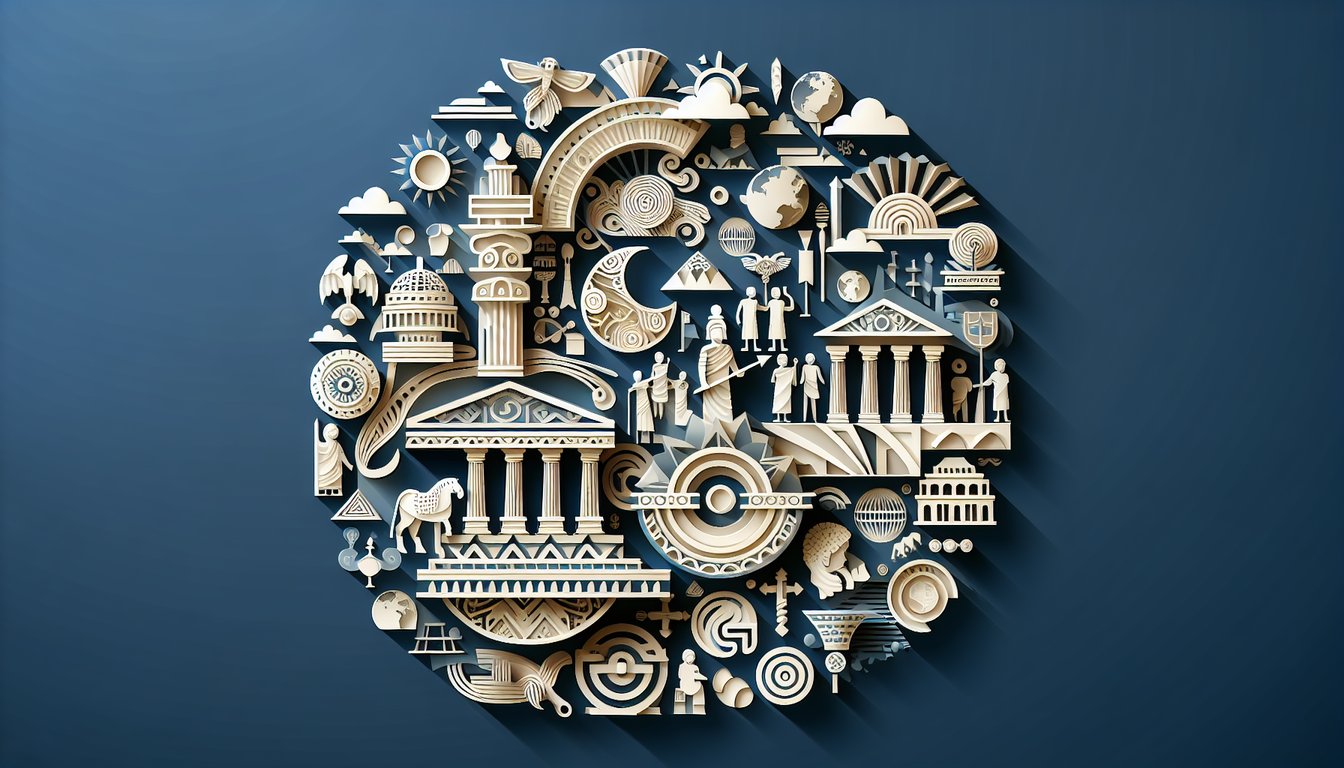 Paper art illustration for 6th grade world history quiz on ancient civilizations on dark blue background