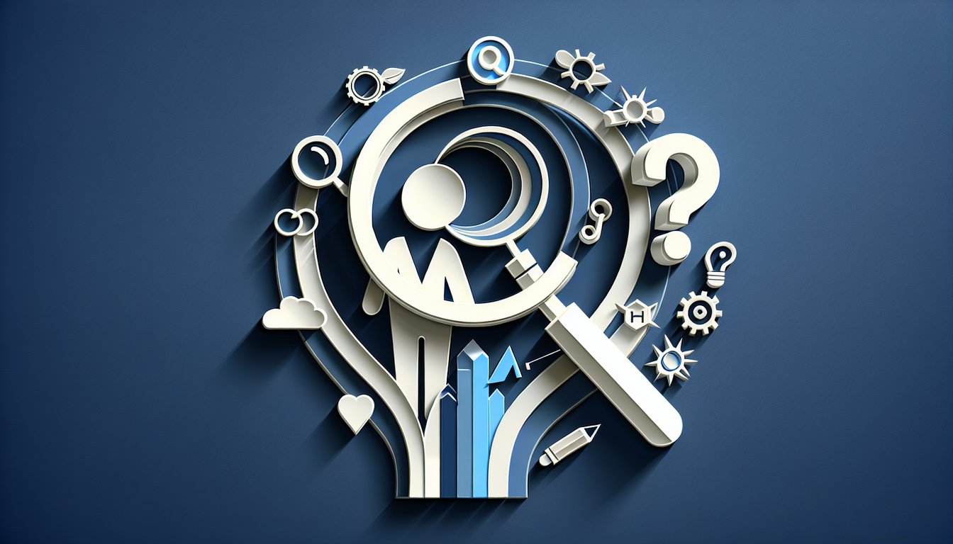 Paper art style shapes and text elements representing research quiz questions and hypotheses on dark blue background