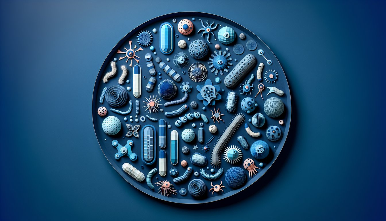 Colorful paper art promoting Microbe Match-Up, a microbiology quiz for high school students.