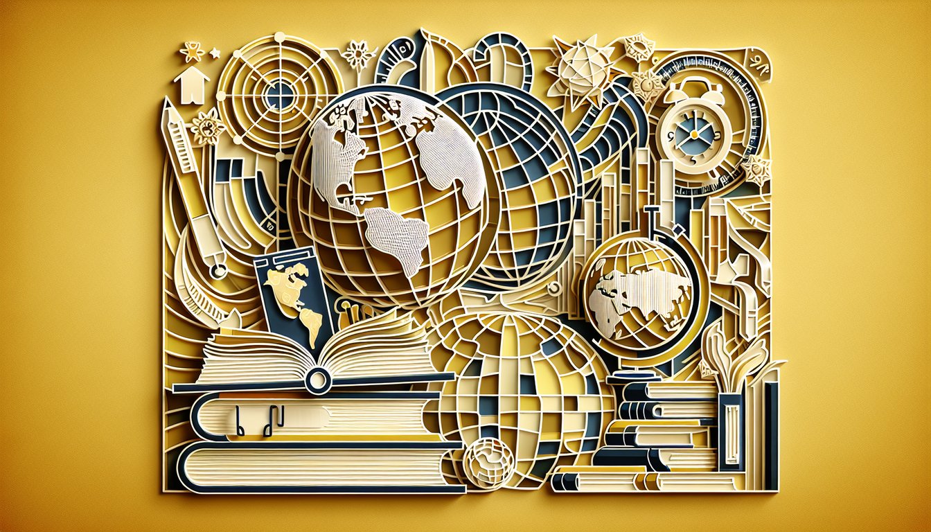 Paper art icons of book, map, puzzle piece, pen on golden yellow background representing senior high school quiz challenge