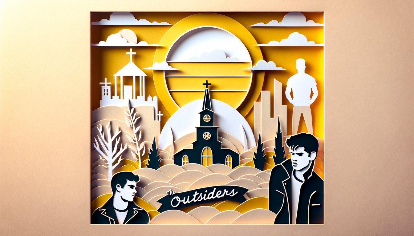 Paper art illustration for quiz to find your personality match with Outsiders characters on golden yellow background