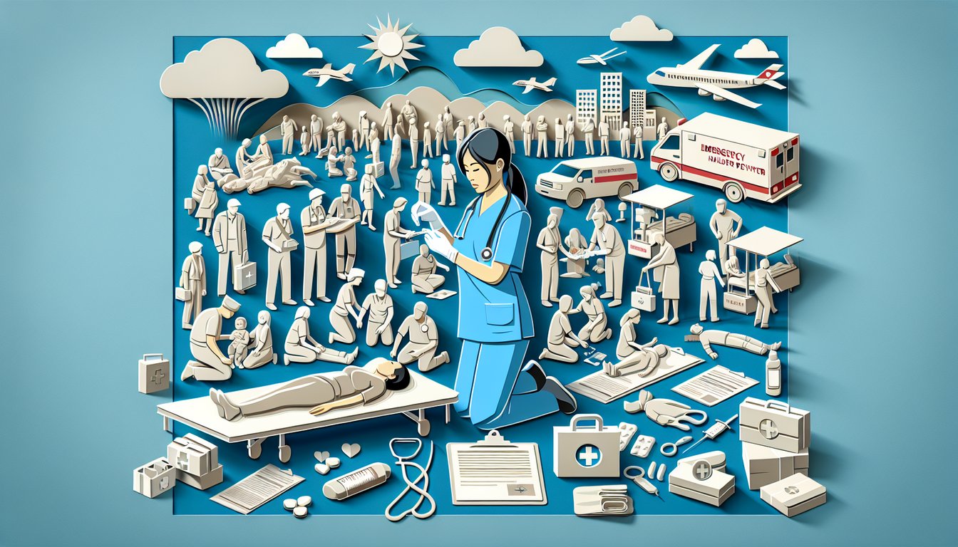 paper art nurse next to ambulance and helicopter over clouds on sky blue for nclex emergency disaster nursing quiz
