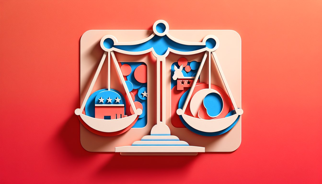 Paper art illustration for political identity quiz on a coral background.